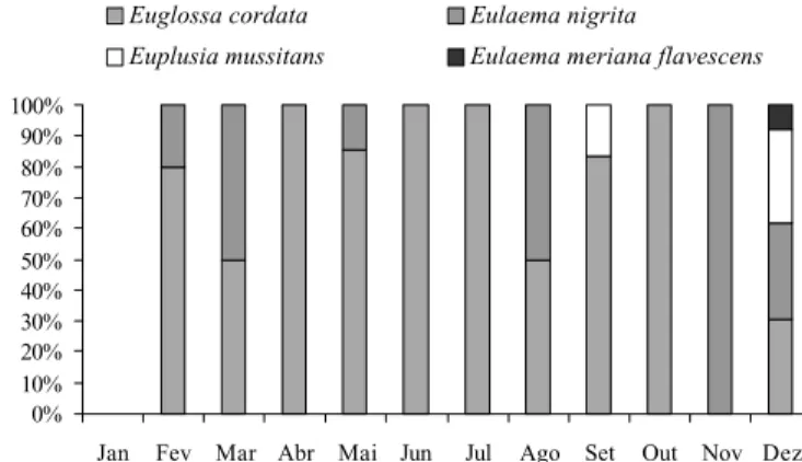 Fig. 1. Relação entre o número de machos de Euglossini atraídos às essências e a precipitação, nas dunas de Abaeté, Salvador, Bahia, no período de fevereiro de 1996 a janeiro de 1997.