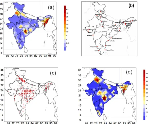 Figure 6. (a) Regional distributions of CO 2 fire fluxes (gC m −2 yr −1 ) as obtained from CT-2010 data averaged for the period 2000–2009 over the Indian land mass
