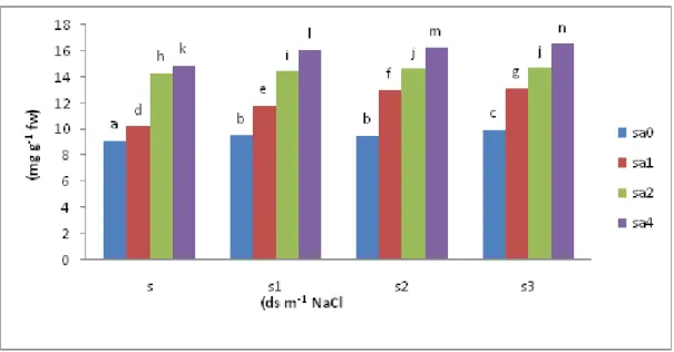 Figure 1.The effect of NaCl salinity concentrations and salicylic acid on the leaf sugar content 