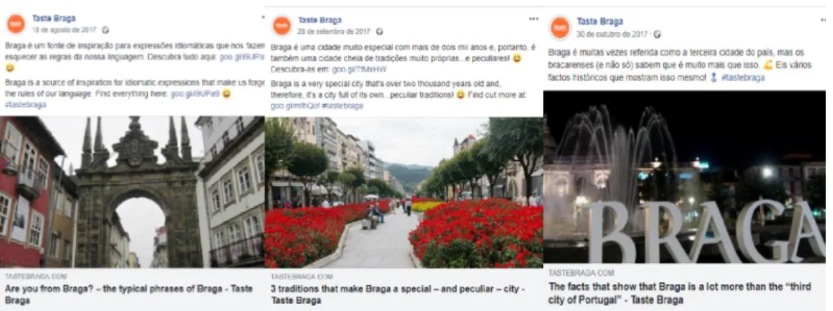 Figura 3: Blog posts partilhados na página de Facebook do Taste Braga a 18 de agosto, 28 de setembro e 30 de outubro 