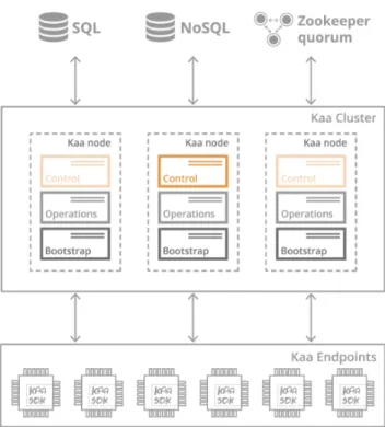 Figure 9 : High-level overview of Kaa architecture. Kaa cluster is comprised of several Kaa nodes coordinated by a Zookeeper quorum and requires SQL and NoSQL databases to store  en-dpoint data and metadata, respectively