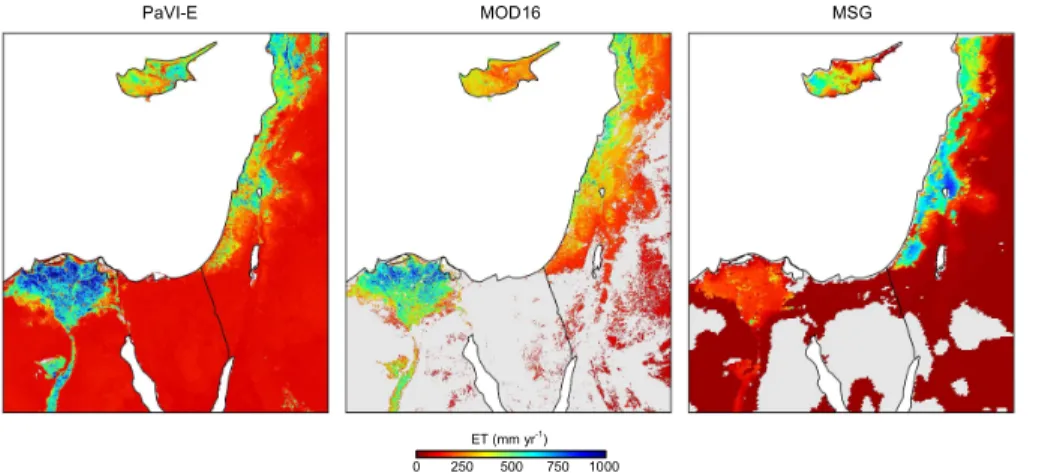 Figure 4. Maps of the total annual ET for the Eastern Mediterranean from PaVI-E, MODIS (MOD16) and MSG (LSA-SAF MSG ETa) for 2011