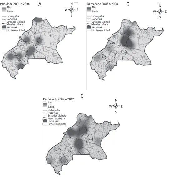 Figura 6. Mapa de densidade de locais de provável infecção de febre maculosa brasileira, por  meio de estimador Kernel, Valinhos, SP