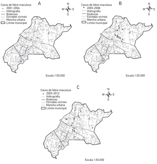 Figura 5. Mapa de Valinhos, SP, com delimitação da área urbana, hidrografia e casos de  febre maculada brasileira