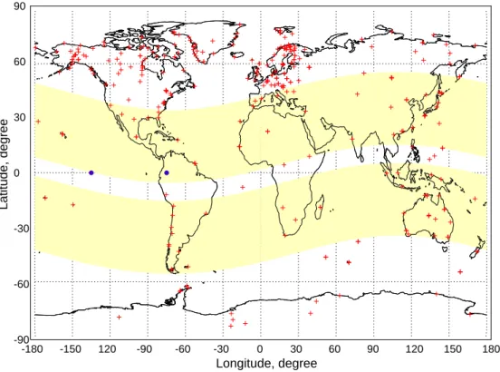 Fig. 7. Global distribution of the locations of ground magnetometers in geographic coordinate system