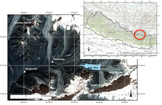 Figure 1. Location of Imja Lake in the Khumbu region of Nepal. Source: Nepal map – ESRI, World Imagery (2014); Image – Google Earth (2014).