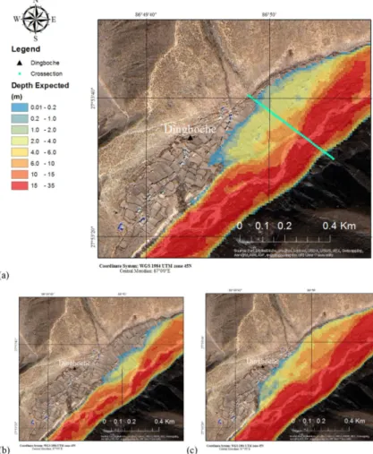 Figure 4. Inundation at Dingboche under current lake conditions: (a) expected inundation and the location of the cross section where the di ff erent scenarios are compared; (b) lower bound;