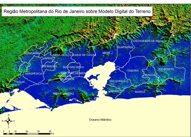 Figura 2 – Modelo Digital do Terreno com destaque para a RMRJ. 