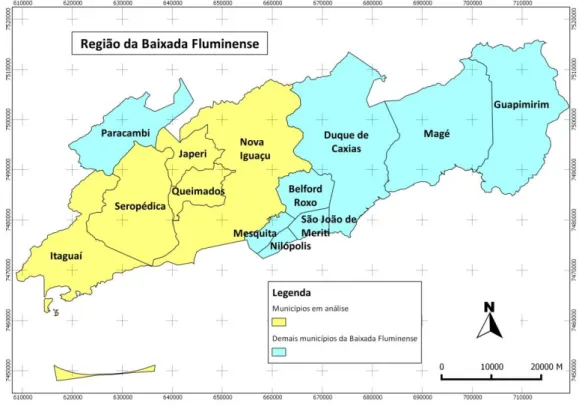 Figura  1-  Municípios  da  Baixada  Fluminense  segundo  Simões  2011,  e  em  destaque  (amarelo)  os  municípios sob análise
