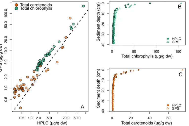 Fig 4. Total chlorophylls and total carotenoids from sediment. A) Concentrations (μg pigment per gram sediment dry weight) of total chlorophylls (green) and total carotenoids (orange) as estimated by modified-GPS (y-axis) and HPLC (x-axis)