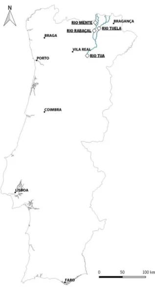 Figura 5.   Mapa de Portugal continental com a localização dos três rios amostrados (Rabaçal, Mente e Tuela).