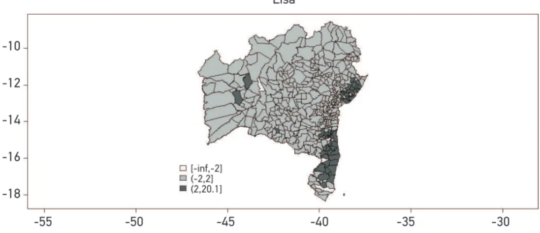 Figura 2. Mapa Local de Moran para a detecção de clusters espaciais das taxas de homicídios  (por 100.000 habitantes) nos municípios do estado da Bahia, em 2009.