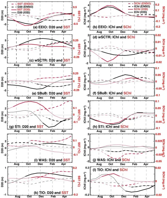 Fig. 9. Seasonal evolution of the IOD (solid) and ENSO (dashed) impacts on D20 (black) and SST (red) anomalies in the left column, and IChl (black) and SChl (red) anomalies in the right column, as indicated by partial regression coefficients of these anoma
