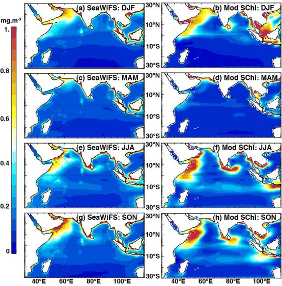 Fig. 1. Seasonal evolution of average SChl patterns from SeaWiFS satellite estimates (left panels) and model outputs (right panels)