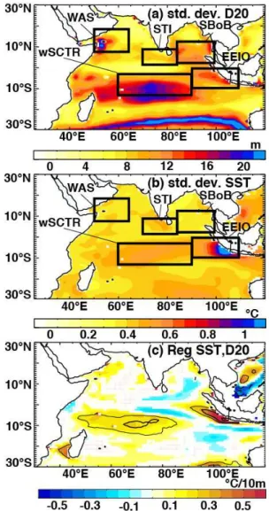 Figure 3 highlights the regions of strong interannual vari- vari-ability of the 20 ◦ C isotherm depth (D20; a commonly used proxy of thermocline depth in tropical waters) and SST