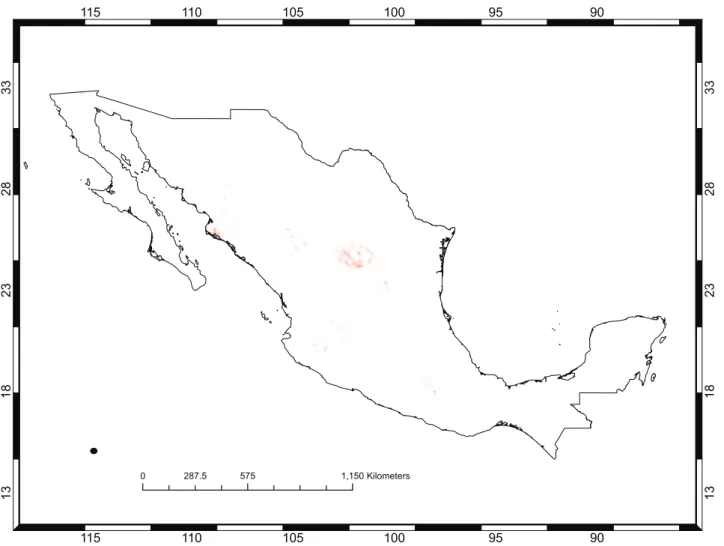 Figure 2. The predicted distribution of Opuntia chaffeyi in Me´xico. This distribution model was created using only four records and, accordingly, shows a highly restricted range