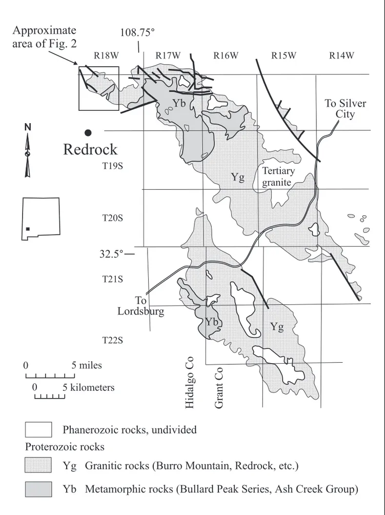 Fig. 1. Generalized geologic map of the Proterozoic rocks in the Burro Mountains. Geology complied from Drewes et al