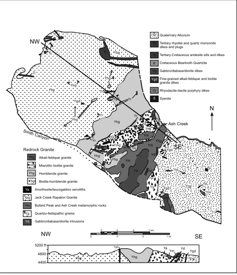 Fig. 2. Generalized geologic map of the Proterozoic rocks in the Redrock area, northern Burro Mountains (McLemore et al