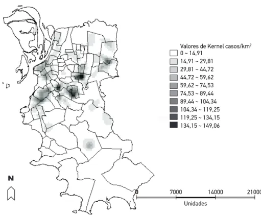 Figura 1. Estimativa Kernel da densidade de casos de tuberculose pulmonar bacilífera (número  de casos por quilômetro quadrado) no município de Porto Alegre no período de 2000 a 2005.