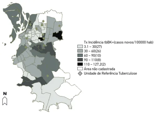Figura 2. Distribuição da taxa de incidência média anual de tuberculose pulmonar bacilífera pelos  bairros de Porto Alegre, ajustada por idade e sexo, no período de 2000 a 2005.