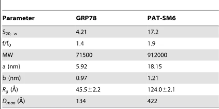Table 1. Sedimentation velocity and SAXS analysis of GRP78 and PAT-SM6. a Parameter GRP78 PAT-SM6 S 20, w 4.21 17.2 f/f 0 1.4 1.9 MW 71500 912000 a (nm) 5.92 18.15 b (nm) 0.97 1.21 R g (A˚) 45.562.2 124.062.1 D max (A˚) 134 422