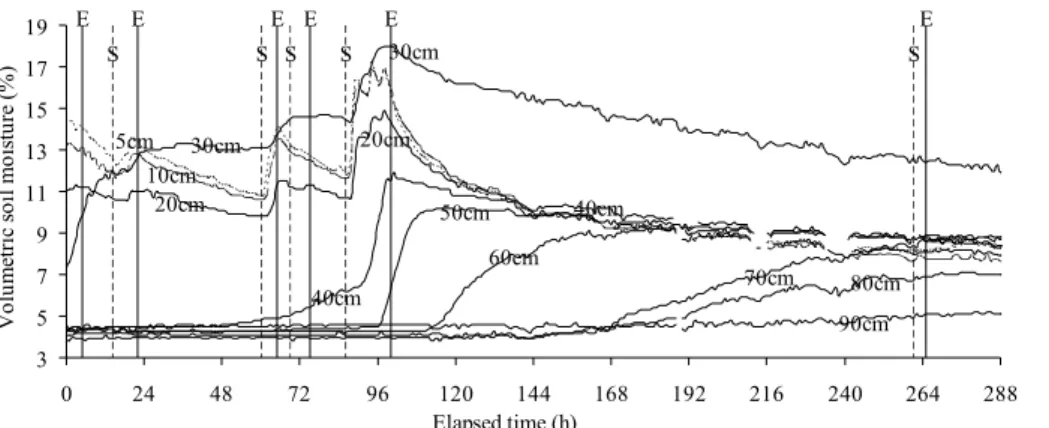 Fig. 7. The wetting front advance from 17:00 LT of 22 September to 17:00 LT of 7 October (S) represents the start of rainfall, (E) the end of rainfall.