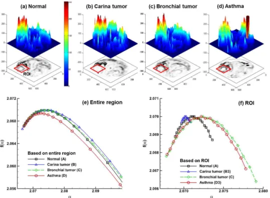 Figure 8. Multifractal analysis of exhaled particle concentrations. The 3-D plots of particle concentrations are shown in (a), (b), (c), (d).
