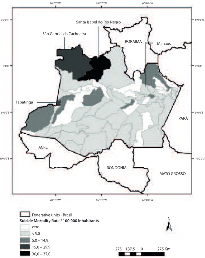 Figura 1 - Distribuição espacial das taxas de mortalidade por suicídio nos municípios do estado do Amazonas, Brasil,  2005 – 2009.