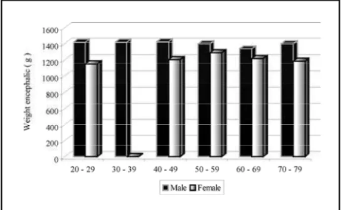 Graphic 1. Distribution of the population according to genre, a g e and average encephalic weight (g).