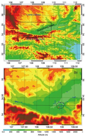 Figure 1. (a) WRF and WRF-CHEM model simulation domain with topography and (b) geographic distributions of ambient  moni-toring stations