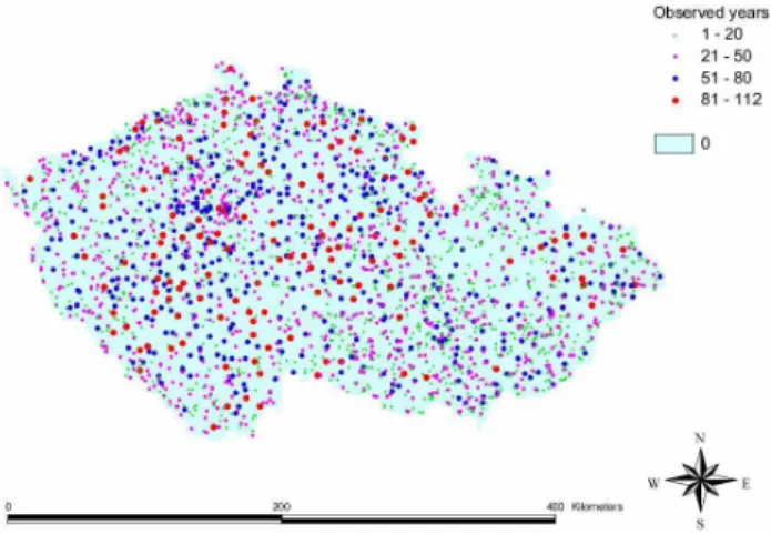 Fig. 4. Position of used stations with color-indicated number of observed years.