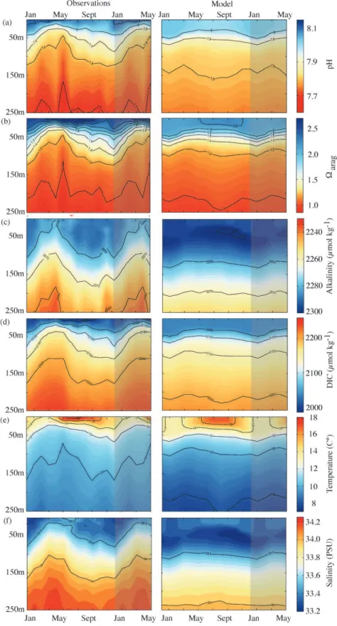 Fig. 6. Comparison of bi-weekly observed (2003–2008; Santa Monica Bay Observatory Mooring) and model simulated climatologies of (a)