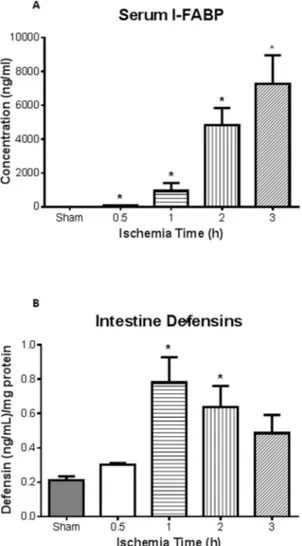 Fig. 2. I-FABP as novel biomarker for ischemia/reperfusion injury. A , Plasma intestinal (I)-FABP, measured via ELISA, was found to be significantly elevated after ischemia at all time points compared to sham animals (n 5 3, 4, 4, 4, 5 for sham, 0.5, 1, 2 