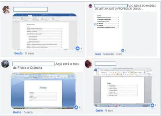 Figura 18 - Trabalhos publicados pelos alunos no fórum 5 do grupo no Facebook 