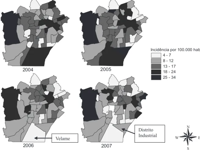 Figura 2 - Mapa da área urbana do município de Campina Grande, segundo taxa de incidência da TB suavizada pela  transformação de Freeman-Tukey por bairro, 2004 a 2007.