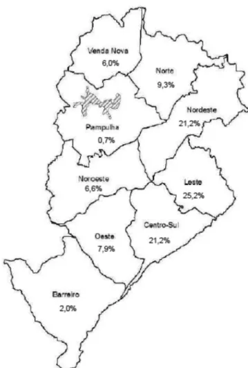 Figure 2 - Victims of kite line injuries, by district of residence, Belo Horizonte, 2005-2009.