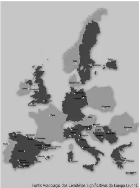 Figura 1    |   Mapa com a distribuição dos países  contemplados na Rota Europeia dos Cemitérios.