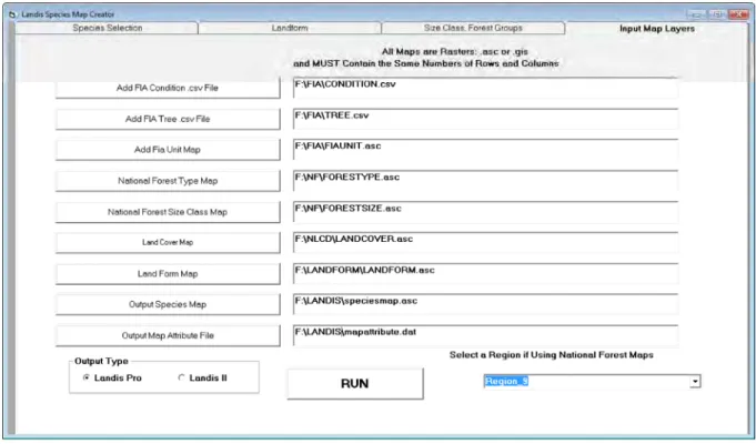 Fig. 5 LANDIS Species Map Creator form 4 interface. User specifies input and output files, output format for map attribute files  and the U.S