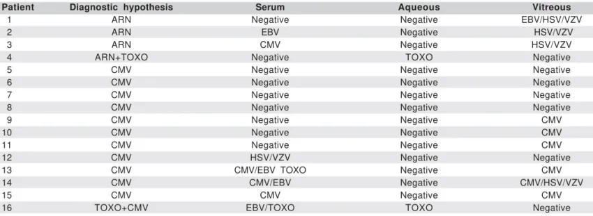 Table 1. Correlation between diagnostic and PCR analysis of cytomegalovirus (CMV), toxoplasmosis (TOXO), Epstein-Barr virus (EBV), herpes simplex virus (HSV), varicella zoster virus (VZV) and mycobacteria (MB) in samples of serum, aqueous and vitreous in p
