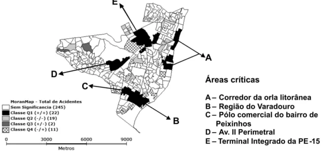Figure 3 – Critical areas for mobile emergency care due to land transportation accidents (Moranmap); Olinda, PE, Brazil; July  2006 to June 2007