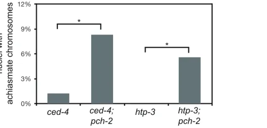 Figure 6. Mutation of pch-2 exacerbates meiotic defects in mutants defective in germline apoptosis and HTP-3 function