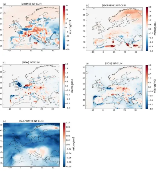 Fig. 6. Differences in simulated average surface O 3 (a), isoprene (b), NO x (c), SO 2 (d), and sulphate (e) fields between INT and CLIM for the summertime (JJAS)