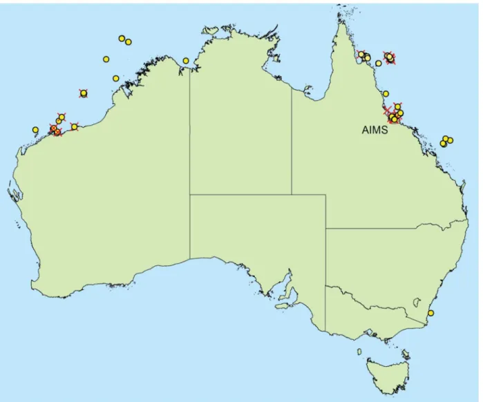 Fig 1. Specimen collection sites. Red crosses denote sites where unknown OTUs have been recovered