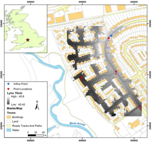 Fig. 1. MasterMap ® data of study area in Alcester with over plotted 10 cm LYNX data of the model domain