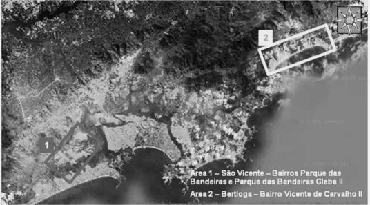 Figure 1 - Areas analyzed in the Estuary region of Santos and São Vicente