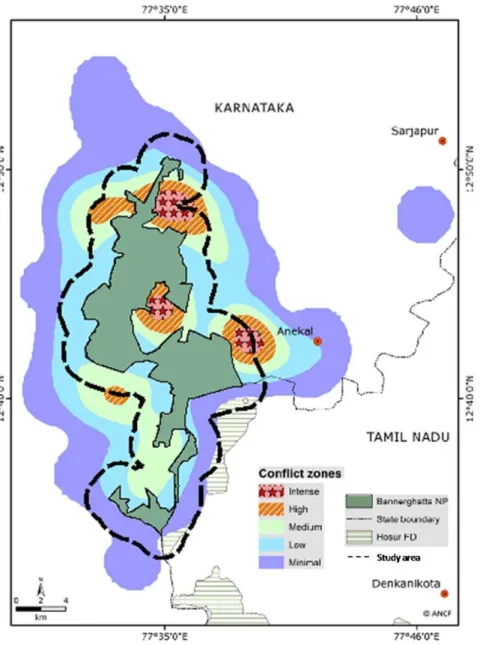 Figure 10. Map of the study area. The level of human-elephant conflict in the surrounding human-dominated landscape is shown.