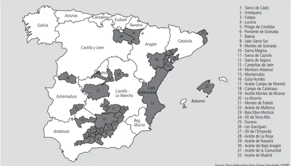 Figure 1    |    Geographical localization of the extra virgin olive oil PDOs in Spain.