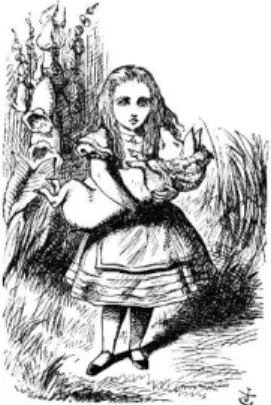 Figure 6 – The shower of cards,  Alice’s Evidence                     Figure 7 – Alice carrying the pig baby,  Pig and    ( Alice-in-wonderland.net )