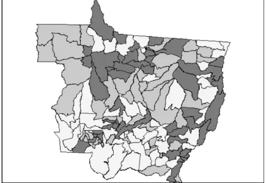 Figura 2 - Estimativa Bayesiana Empírica da Prevalência de Internações de Adultos com 65 anos  ou mais com Doenças do Aparelho Respiratório por 1.000 habitantes, Municípios do Estado de  Mato Grosso, 2004, segundo tercis.