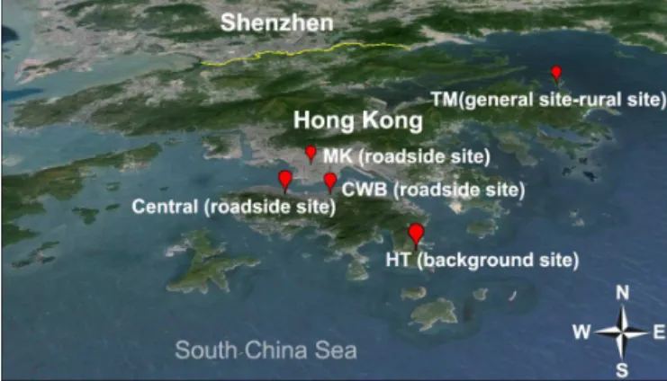 Figure 1. Geographical location of the sampling sites. The yellow line represents the border between Hong Kong and mainland China.